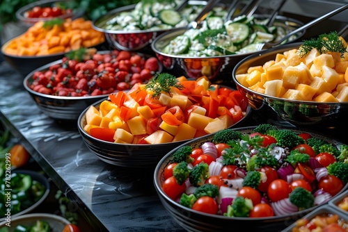 Vibrant Buffet Spread: Fresh Fruits & Veggies Showcase. Concept Buffet Display, Fresh Produce, Colorful Presentation, Vibrant Spread, Healthy Eating