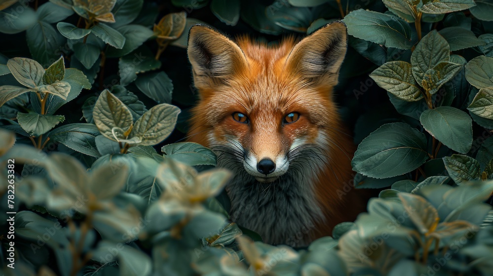 Fototapeta premium Red fox peering through green leaves