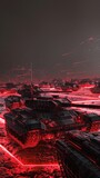 Futuristic wireframe tanks in formation, barren landscape, dawn light, glowing edges in red and black, dynamic and sharp