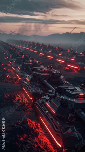Futuristic wireframe tanks in formation, barren landscape, dawn light, glowing edges in red and black, dynamic and sharp