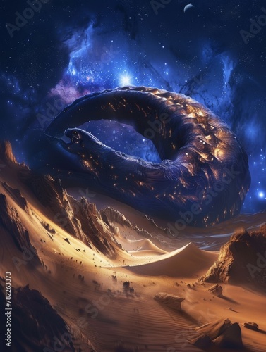 Gigantic sandworm emerging from the dunes of a desert planet, under a galaxyfilled night sky photo