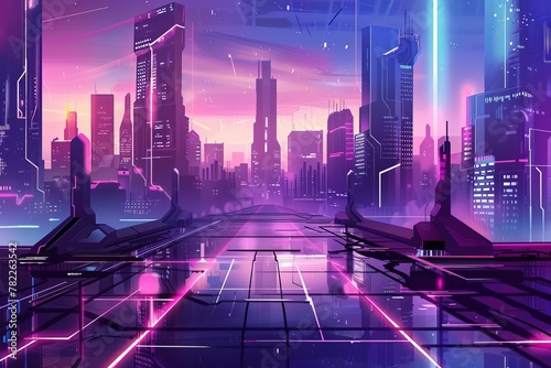 a futuristic city skyline featuring cutting-edge technology, illustrating a landscape of innovation and advancement. photo