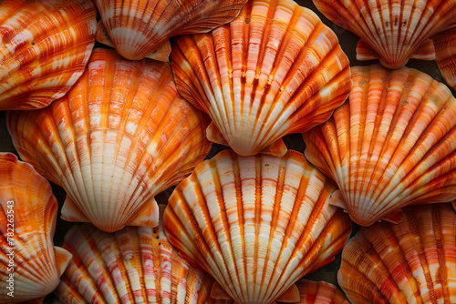 Pattern of scallop shells on a white background, top view