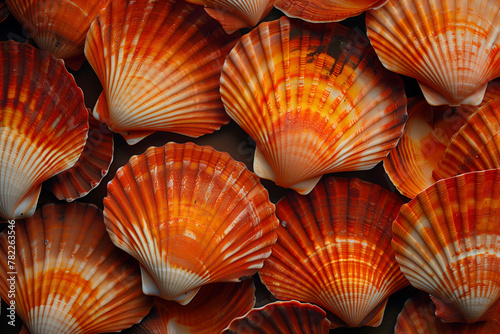 Pattern of scallop shells on a white background, top view