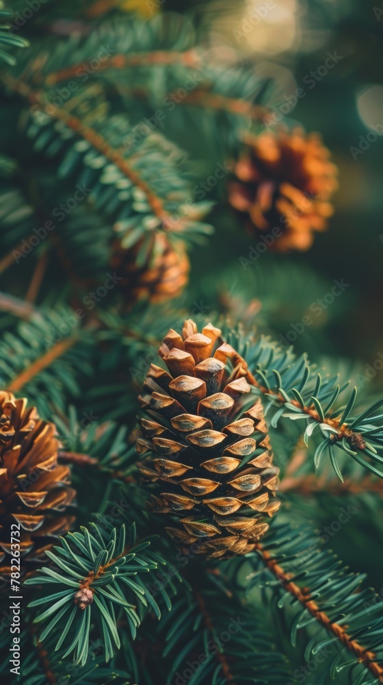 Close-up of pine cones on evergreen branches Close-up of pine cones on evergreen branches
