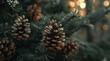 Close-up of pine cones on evergreen branches with soft bokeh lights