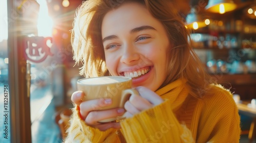 Close-up capture in vibrant colors of a joyful young woman savoring a cappuccino in a cozy coffee shop