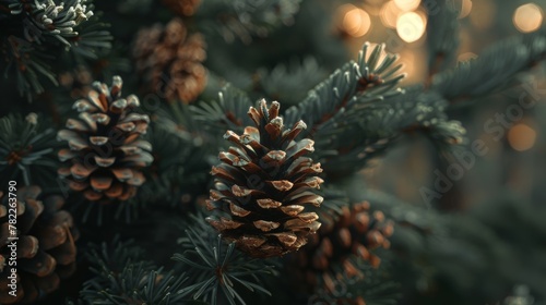 Close-up of pine cones on evergreen branches with soft bokeh lights photo