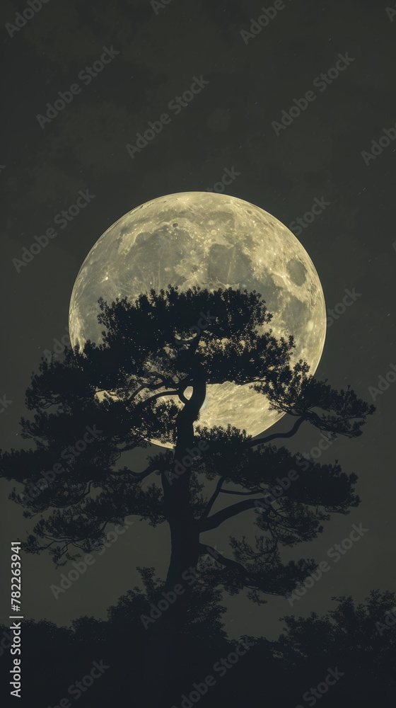 Full moon behind silhouette of tree Full moon behind silhouette of tree