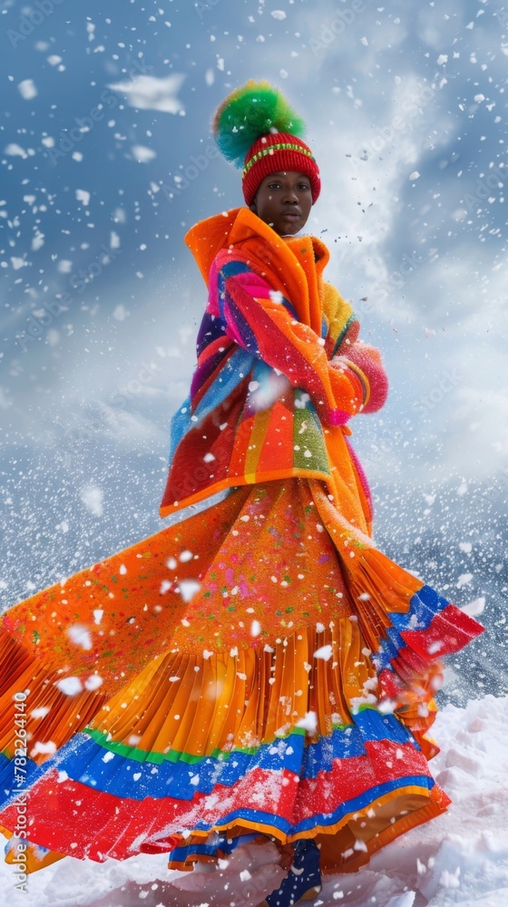 A model stands amidst a swirling snowstorm, their bold, colorful attire stark against the monochrome landscape, capturing the defiance and vibrancy of winter fashion