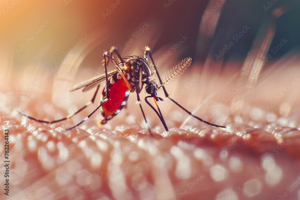 Dengue hemorrhagic fever, aedes mosquito sucking human blood on skin. - obrazy, fototapety, plakaty 