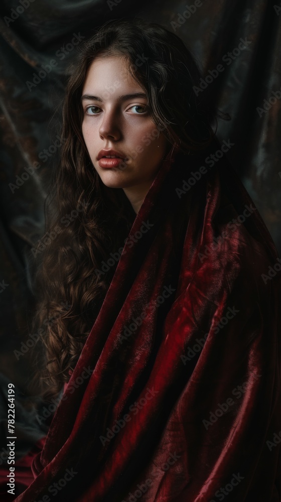 A portrait of a model draped in a luxurious velvet cloak, the rich texture highlighted by the soft studio lighting, conveying a sense of mystery and allure. A portrait of a model draped in a luxurious velvet cloak, the rich texture highlighted by the soft studio lighting, conveying a sense of mystery and allure.