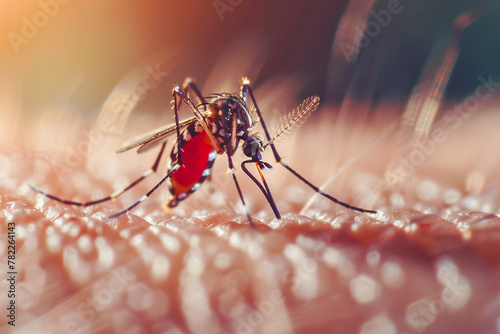 Dengue hemorrhagic fever, aedes mosquito sucking human blood on skin. #782264143