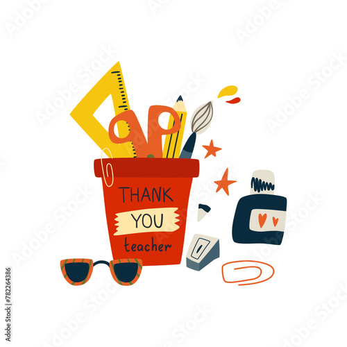 Thank you teacher greeting card with stationery supplies. Cute vector kids school elements - ruler, ink, sharpener, scissors, pencil, paper clip hand drawn in cute childish style. Funny illustration.