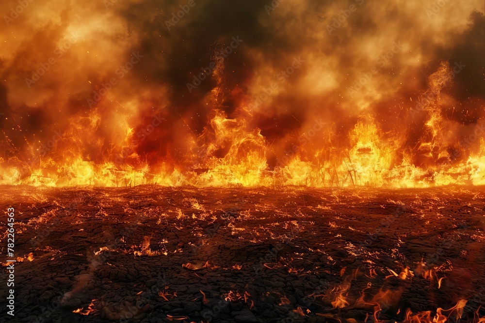 raging fire burns on barren ground dramatic inferno background digital art