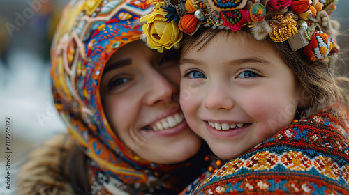Close-up of a mother and child in traditional Russian sarafans, their smiling faces reflecting joy and cultural pride. photo