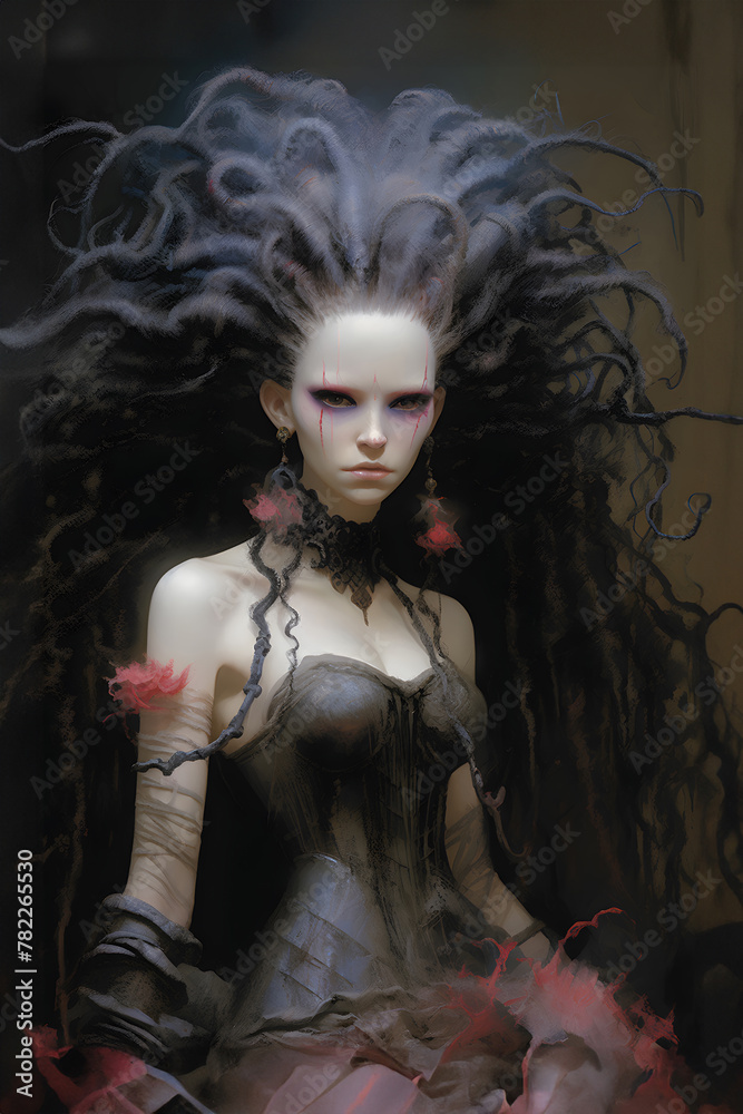 Mysterious gothic bride in a dark fantasy setting: An artistic portrayal of a necromancer with vibrant accents