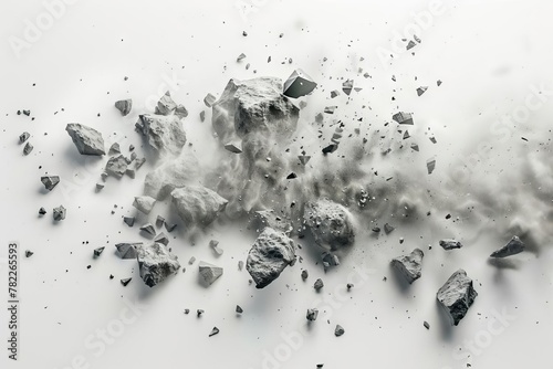 shattered boulder explosion swirling dust and rock fragments on white background abstract 3d rendering photo