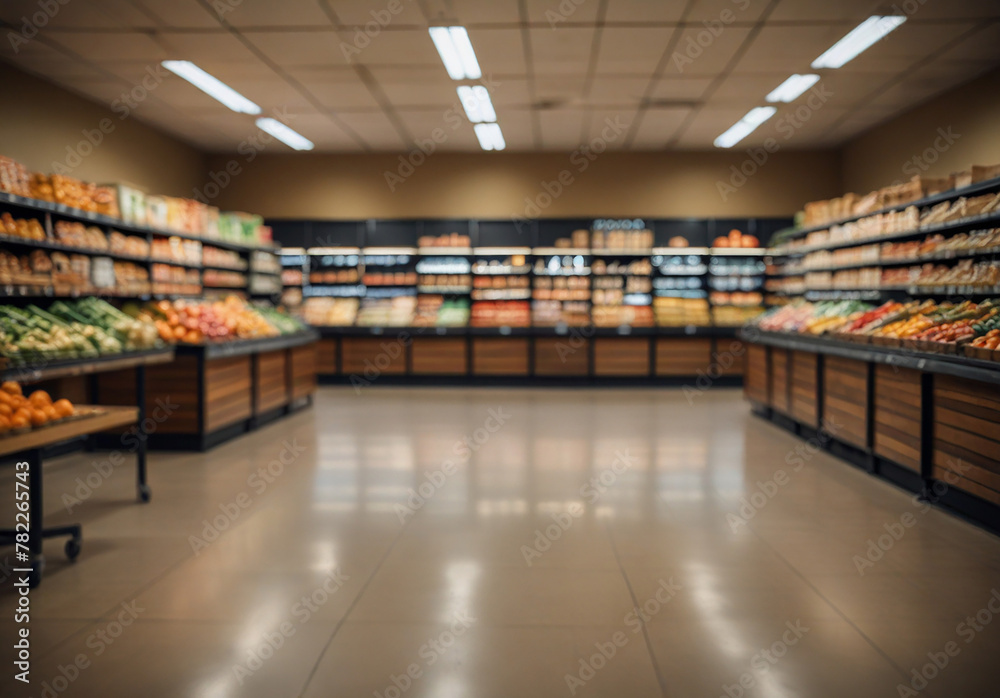Supermarket aisle with shelves and blurred grocery store bokeh background