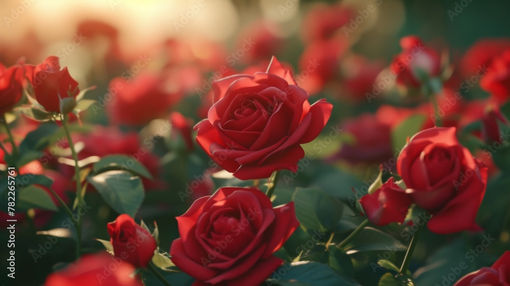 Lush red roses in bloom at golden hour