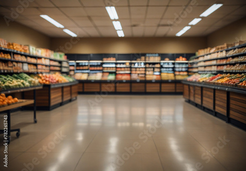 Supermarket aisle with shelves and blurred grocery store bokeh background photo