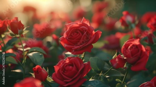 Lush red roses in bloom at golden hour