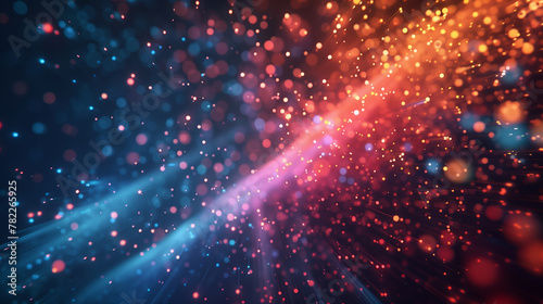 Dynamic graphic illustration of exploding stardust in a cosmic phenomenon with a colorful blend of star-like particles and light streaks.