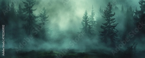 Misty pine forest at dusk photo