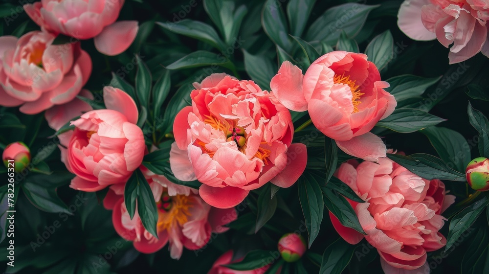 Vibrant peonies in bloom with lush green leaves Vibrant peonies in bloom with lush green leaves