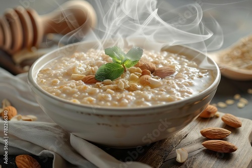 steaming bowl of freshly cooked oatmeal with almonds and honey healthy breakfast still life 3d illustration