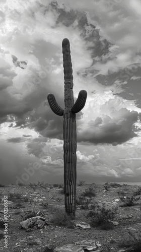 Tall saguaro cactus in a desert against a cloudy sky in black and white