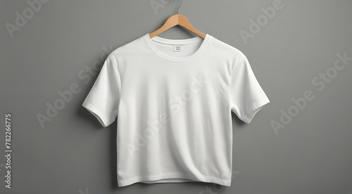 A brand new men's White T-shirt on awooden hanger on a plain grey isolated background, mockup good quality white cotton t-shirt, white photo