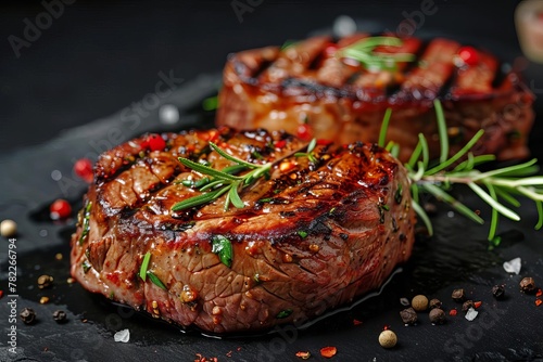 succulent beef steak grilled to perfection presented on a dark background for maximum mouthwatering appeal food photography