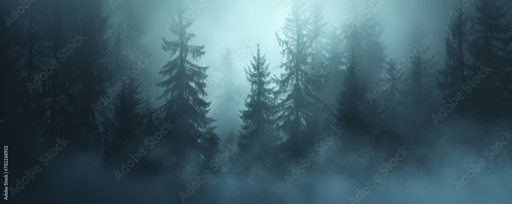 Misty forest at dusk with silhouettes of pine trees - obrazy, fototapety, plakaty 