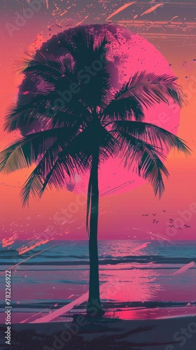 Tropical beach scene with palm tree at sunset in pink and blue hues