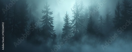 Misty forest at dusk with silhouettes of pine trees