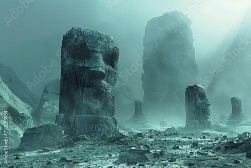 surreal landscape with unearthly stone idols in misty valley of departed ancestors 3d illustration photo
