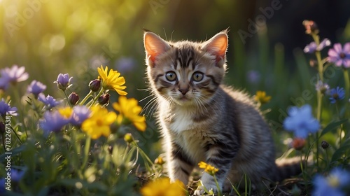 Adorable cat in forest light among spring wildflowers