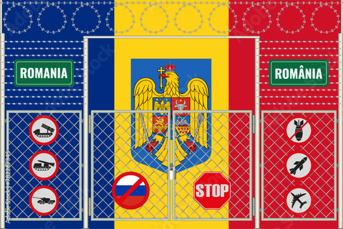 Vector illustration of the flag of Romania under the lattice. The concept of isolationism. No war