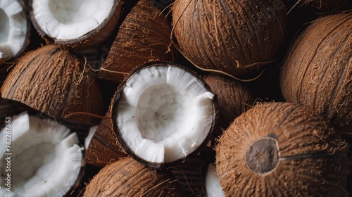 Close-up of whole and halved coconuts