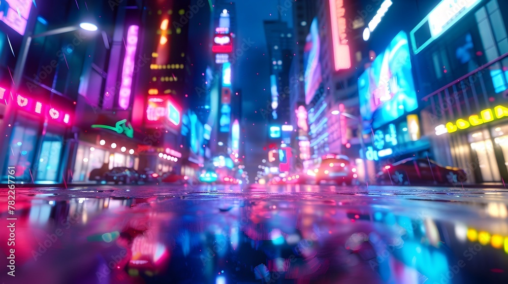 Dynamic 3D Render of Bustling Neon-Lit City Street at Nighttime with Vibrant Illumination and Glowing Hues Dynamic 3D Render of Bustling Neon-Lit City Street at Nighttime with Vibrant Illumination and Glowing Hues