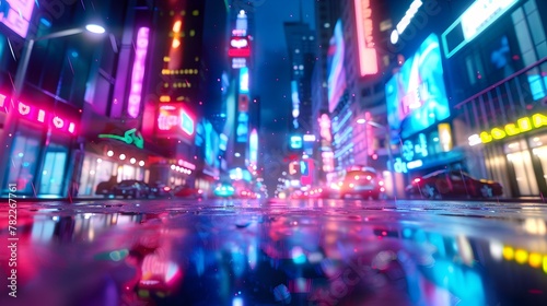 Dynamic 3D Render of Bustling Neon-Lit City Street at Nighttime with Vibrant Illumination and Glowing Hues
