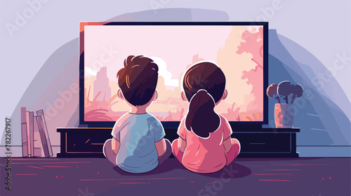 Back view of kids watching cartoon flat vector illu photo