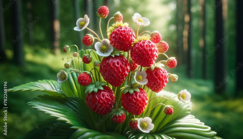Close-Up: Cluster of Wild Strawberries in the Forest with Bright Red Berries and Small White Flowers Close-Up: Cluster of Wild Strawberries in the Forest with Bright Red Berries and Small White Flowers