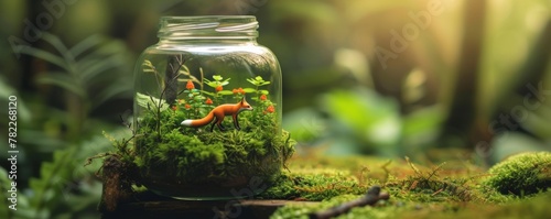 Miniature ecosystem with a toy fox in a glass jar