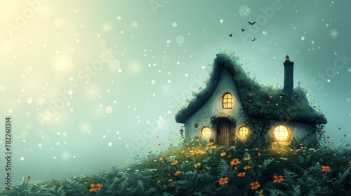 Night scene with a fairy-tale house in the forest on a green edge with fairy lights. Concept: cute art illustration of a hut. Copy space