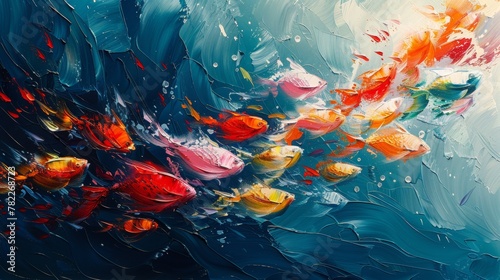 oil painting of fishes in the sea abstract with visible bush strokes photo