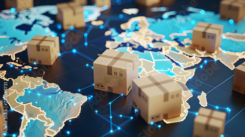 Product delivery that uses technology to help Increase speed and reduce costs to be more efficient, box package on world map, worldwide shipping concept