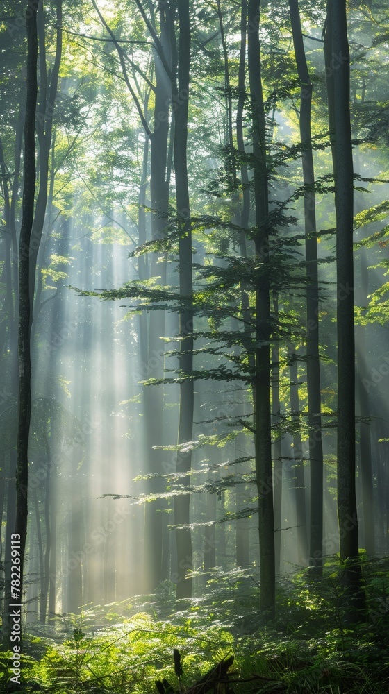 Naklejka premium Sunbeams filtering through a misty forest