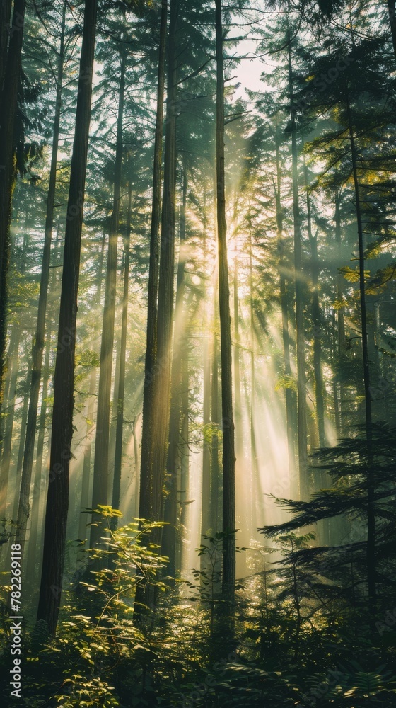 Obraz premium Sun rays piercing through a misty forest
